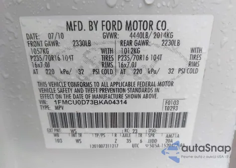 2011 Ford Escape Xlt из США, поврежденный, VIN 1FMCU0D73BKA04314